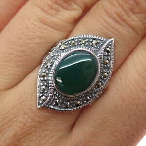 CHAPAL ZENRAY 925 Sterling Vintage Real Green Onyx & Marcasite Ring Size 6.25
